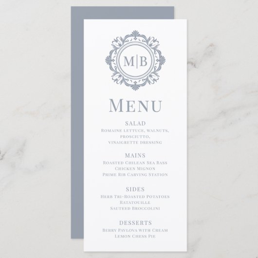  Bloemen Monogram Huwelijk Elegant Zilver Menu (Voorkant / Achterkant)