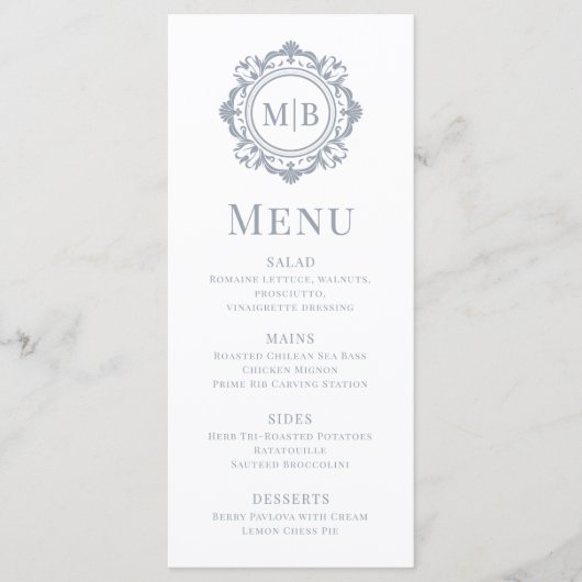 Bloemen Monogram Huwelijk Elegant Zilver Menu (Voorkant)