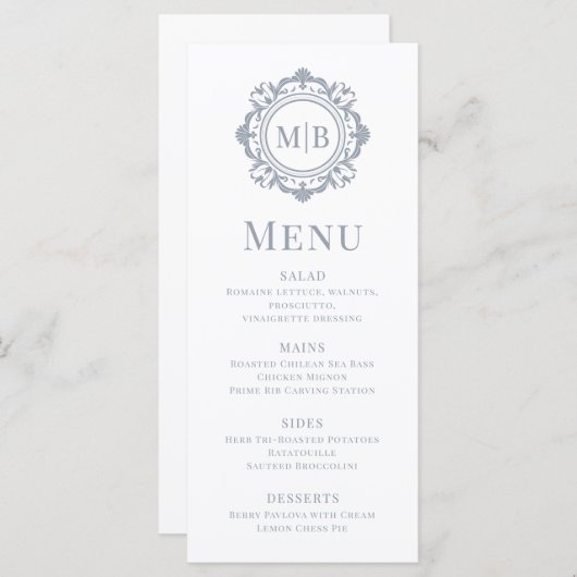  Bloemen Monogram Huwelijk Elegant Zilver Menu (Voorkant / Achterkant)