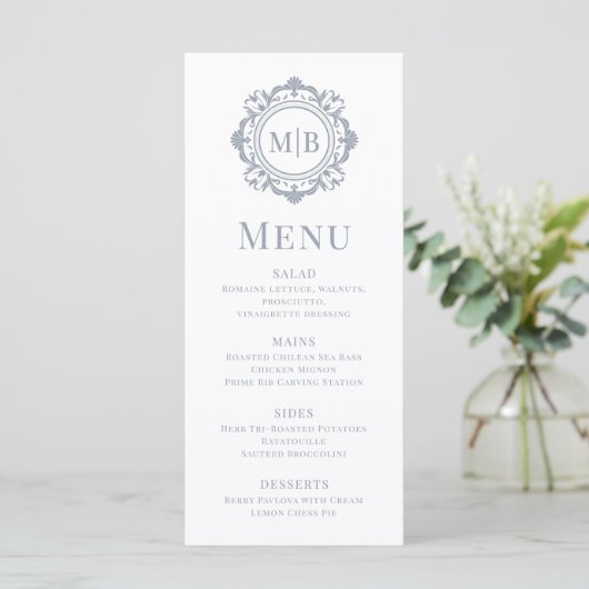  Bloemen Monogram Huwelijk Elegant Zilver Menu (Staand voorkant)