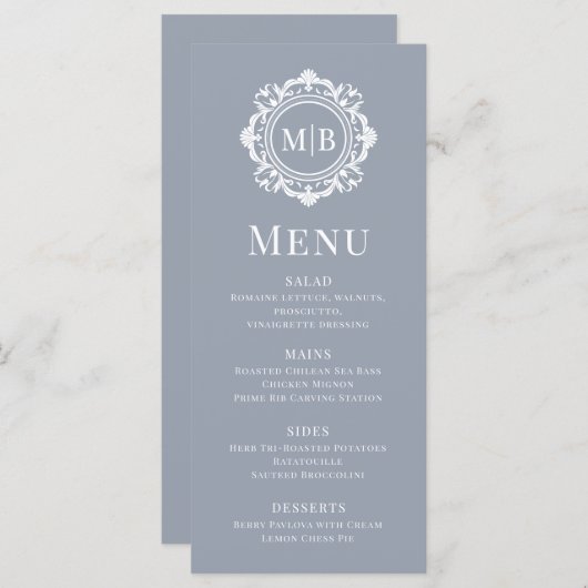  Bloemen Monogram Huwelijk Elegant Zilver Menu (Voorkant / Achterkant)