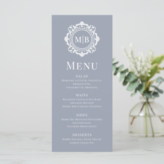  Bloemen Monogram Huwelijk Elegant Zilver Menu (Staand voorkant)