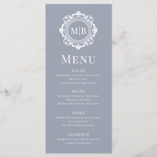 Bloemen Monogram Huwelijk Elegant Zilver Menu (Voorkant)