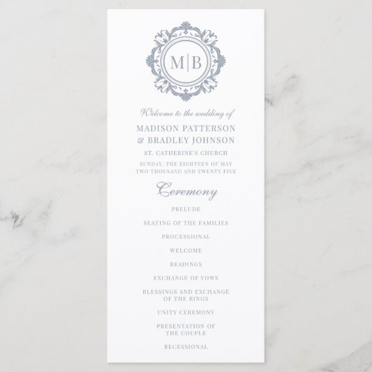 Bloemen Monogram Huwelijk Elegant Zilver Programmakaart (Voorkant)