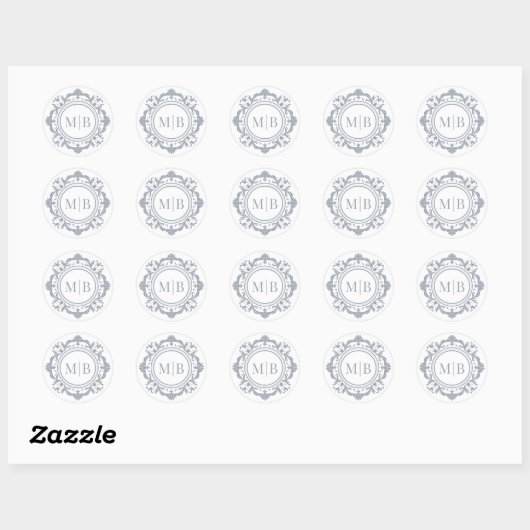  Bloemen Monogram Huwelijk Elegant Zilver Ronde Sticker (Vel)