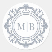  Bloemen Monogram Huwelijk Elegant Zilver Ronde Sticker (Voorkant)