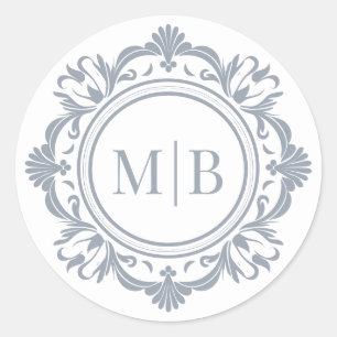  Bloemen Monogram Huwelijk Elegant Zilver Ronde Sticker