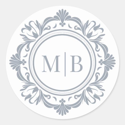  Bloemen Monogram Huwelijk Elegant Zilver Ronde Sticker (Voorkant)