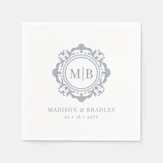 Bloemen Monogram Huwelijk Elegant Zilver Servet (Voorkant)