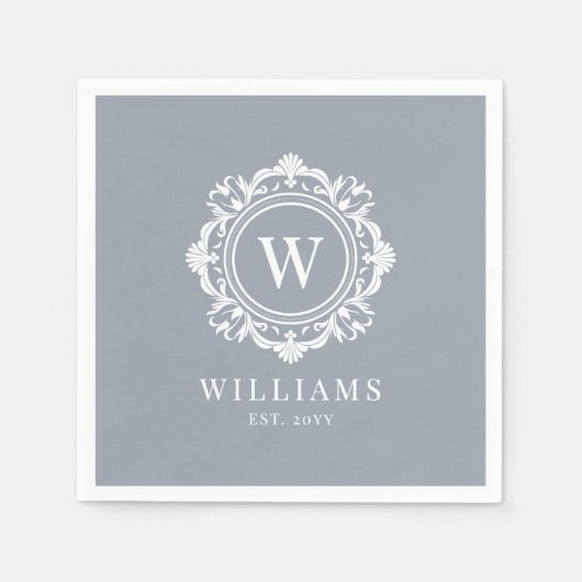  Bloemen Monogram Huwelijk Elegant Zilver Servet (Voorkant)