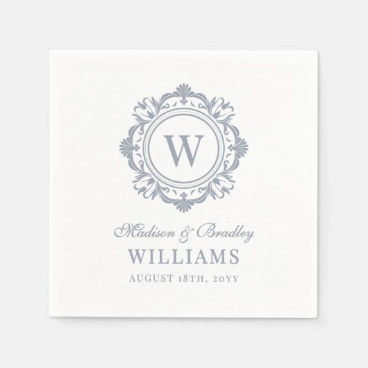  Bloemen Monogram Huwelijk Elegant Zilver Servet (Voorkant)