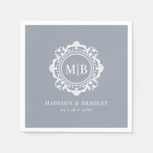  Bloemen Monogram Huwelijk Elegant Zilver Servet (Voorkant)