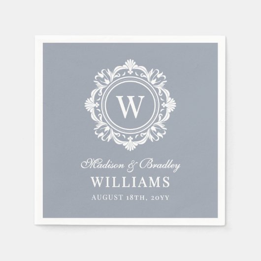  Bloemen Monogram Huwelijk Elegant Zilver Servet (Voorkant)