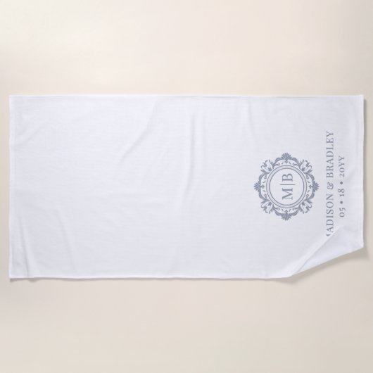  Bloemen Monogram Huwelijk Elegant Zilver Strandlaken (Voorkant)