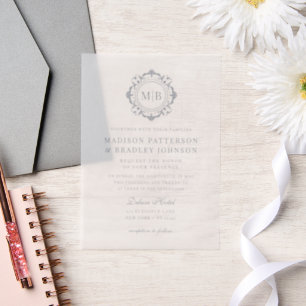 Bloemen Monogram Huwelijk Elegant Zilver Vellum Uitnodigingen