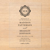 Bloemen Monogram Huwelijk Elegant Zwart Acryl Uitnodigingen (Voorkant)