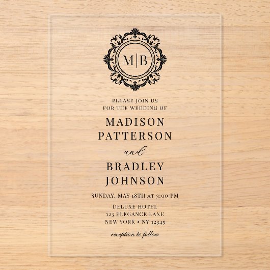 Bloemen Monogram Huwelijk Elegant Zwart Acryl Uitnodigingen (Voorkant)