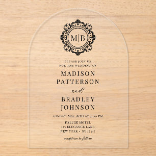  Bloemen Monogram Huwelijk Elegant Zwart Acryl Uitnodigingen