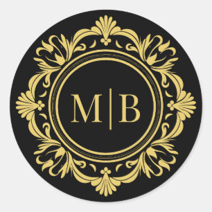  Bloemen Monogram Huwelijk Elegant Zwart Goud Ronde Sticker