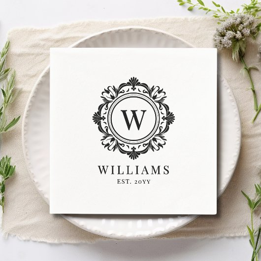 Bloemen Monogram Huwelijk Elegant Zwart Servet
