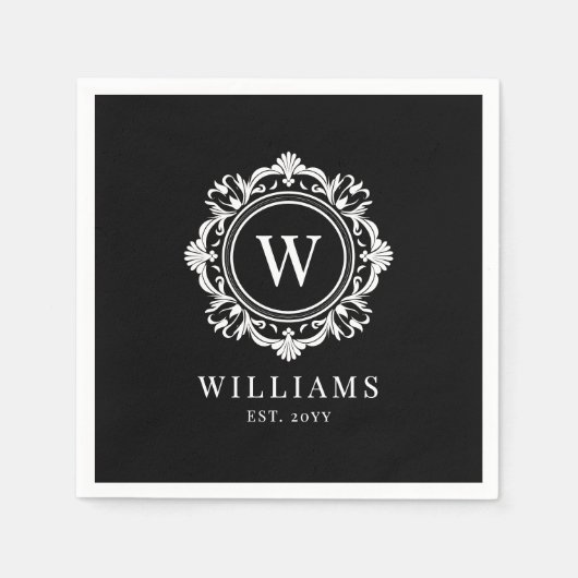  Bloemen Monogram Huwelijk Elegant Zwart Servet (Voorkant)