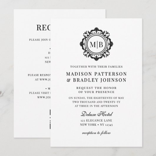 Bloemen Monogram Huwelijk Elegant Zwart Wit Kaart (Voorkant / Achterkant)