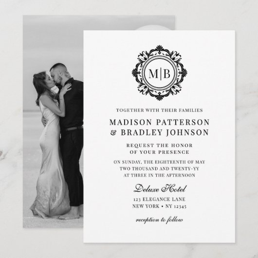  Bloemen Monogram Huwelijk Elegant Zwart Wit Kaart (Voorkant / Achterkant)