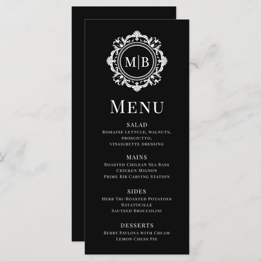 Bloemen Monogram Huwelijk Elegant Zwart Wit Menu (Voorkant / Achterkant)