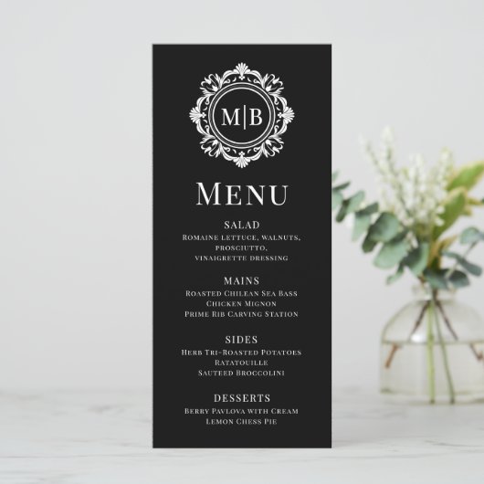  Bloemen Monogram Huwelijk Elegant Zwart Wit Menu (Staand voorkant)
