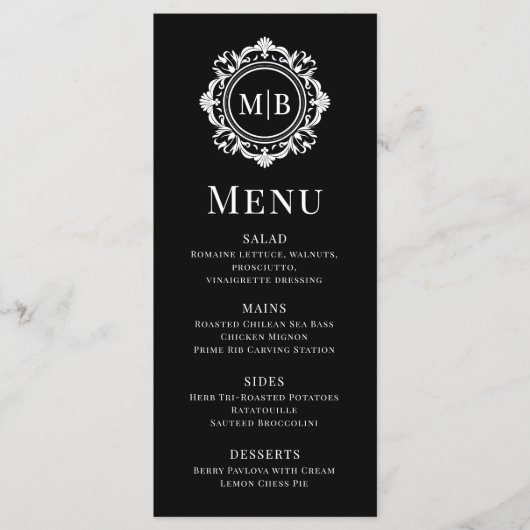  Bloemen Monogram Huwelijk Elegant Zwart Wit Menu (Voorkant)