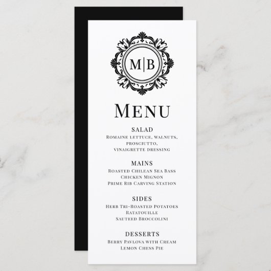 Bloemen Monogram Huwelijk Elegant Zwart Wit Menu (Voorkant / Achterkant)