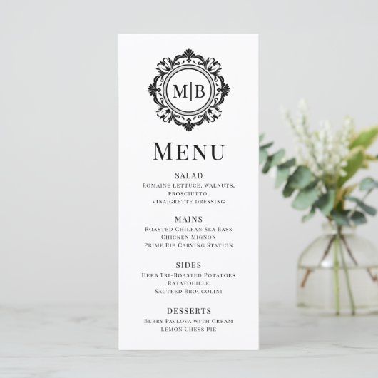  Bloemen Monogram Huwelijk Elegant Zwart Wit Menu (Staand voorkant)