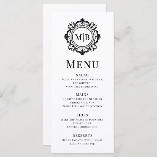  Bloemen Monogram Huwelijk Elegant Zwart Wit Menu (Voorkant / Achterkant)