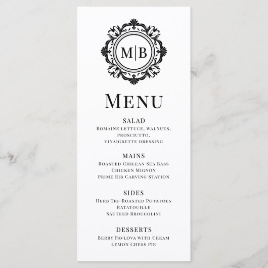  Bloemen Monogram Huwelijk Elegant Zwart Wit Menu (Voorkant)