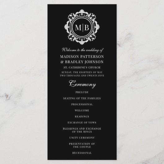  Bloemen Monogram Huwelijk Elegant Zwart Wit Programmakaart (Voorkant)