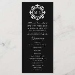  Bloemen Monogram Huwelijk Elegant Zwart Wit Programmakaart
