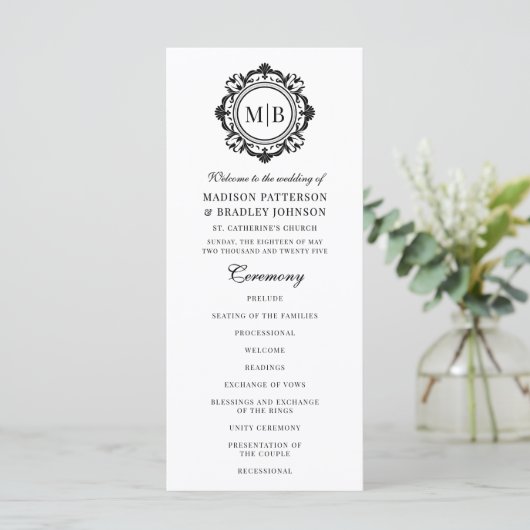  Bloemen Monogram Huwelijk Elegant Zwart Wit Programmakaart (Staand voorkant)