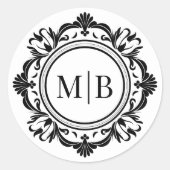  Bloemen Monogram Huwelijk Elegant Zwart Wit Ronde Sticker (Voorkant)