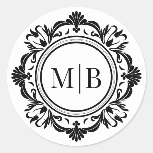  Bloemen Monogram Huwelijk Elegant Zwart Wit Ronde Sticker (Voorkant)