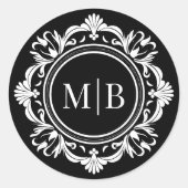  Bloemen Monogram Huwelijk Elegant Zwart Wit Ronde Sticker (Voorkant)