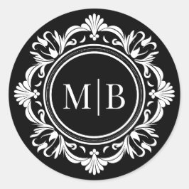  Bloemen Monogram Huwelijk Elegant Zwart Wit Ronde Sticker