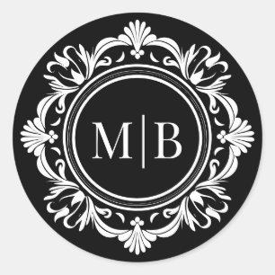 Bloemen Monogram Huwelijk Elegant Zwart Wit Ronde Sticker