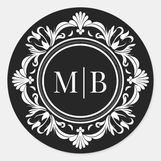  Bloemen Monogram Huwelijk Elegant Zwart Wit Ronde Sticker (Voorkant)