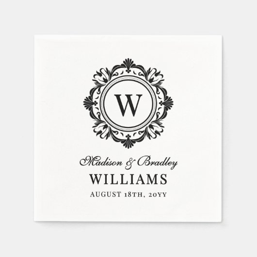  Bloemen Monogram Huwelijk Elegant Zwart Wit Servet (Voorkant)