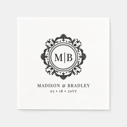  Bloemen Monogram Huwelijk Elegant Zwart Wit Servet (Voorkant)