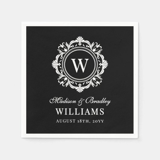  Bloemen Monogram Huwelijk Elegant Zwart Wit Servet (Voorkant)