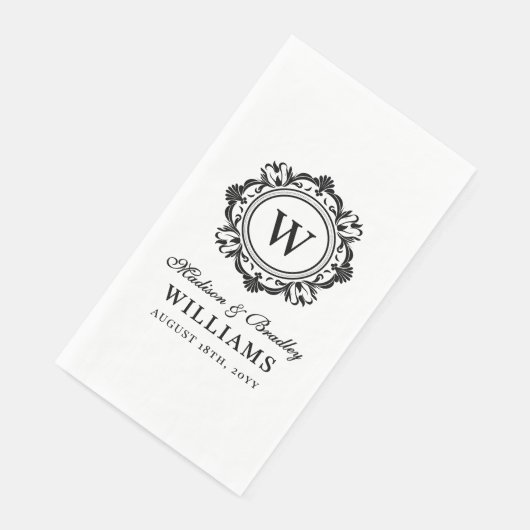  Bloemen Monogram Huwelijk Elegant Zwart Wit Servet (Hoek)