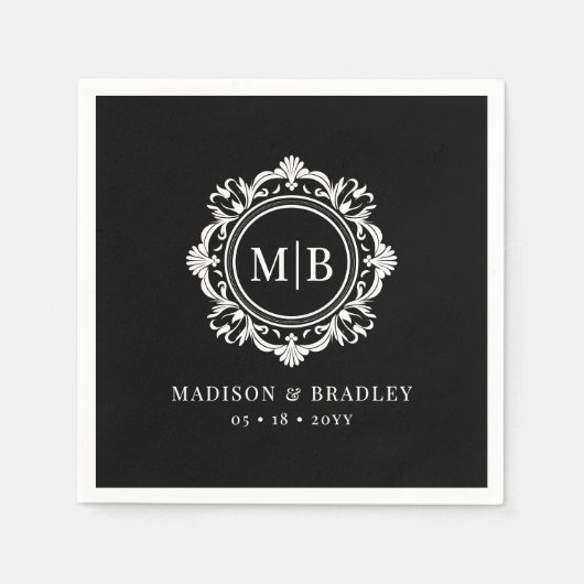  Bloemen Monogram Huwelijk Elegant Zwart Wit Servet (Voorkant)