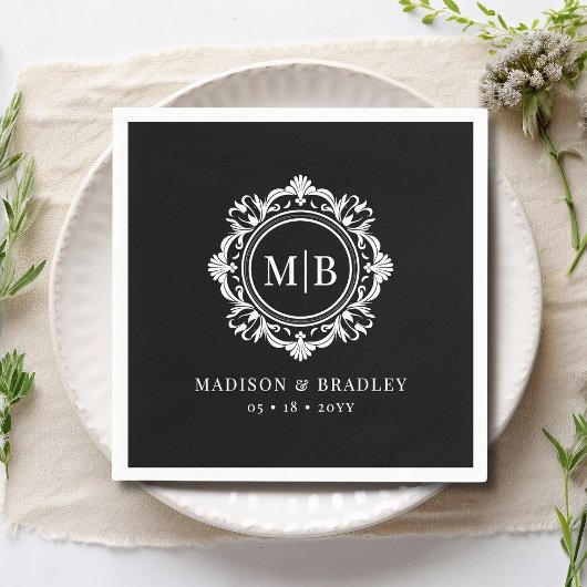  Bloemen Monogram Huwelijk Elegant Zwart Wit Servet