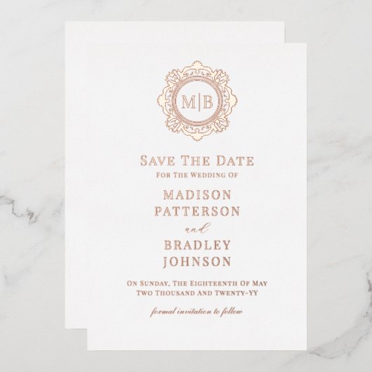 Bloemen Monogram Huwelijk Save The Date Folie Uitnodiging (Voorkant / Achterkant)